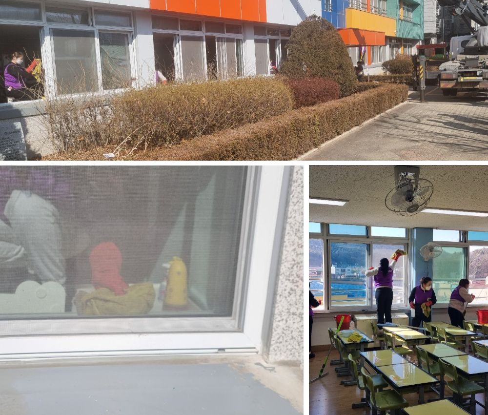 송도 학교 창문 창틀 청소로 겨울 방학에도 할 수 있습니다. 관한 작업사진입니다.