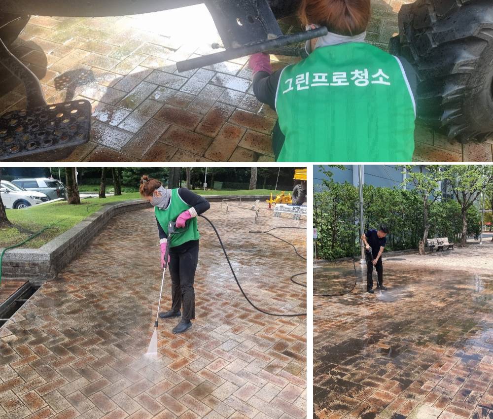 송도 중앙공원 보도 블럭 이끼청소 - 새로운 바닥으로 공원을 더욱 아름답게 관한 작업사진입니다.