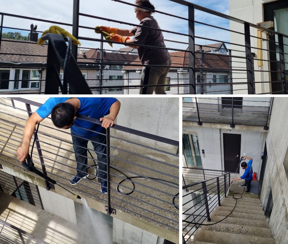 송도 청라 야외 계단 고압세척 - 찌든때와 녹조, 곰팡이를 완벽하게 제거합니다. 관한 작업사진입니다.